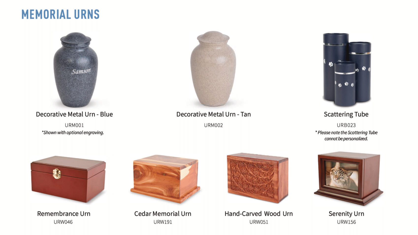 Memorials urns - decorative metal urns (blue and tan), scattering tubes, hand carved wood urns