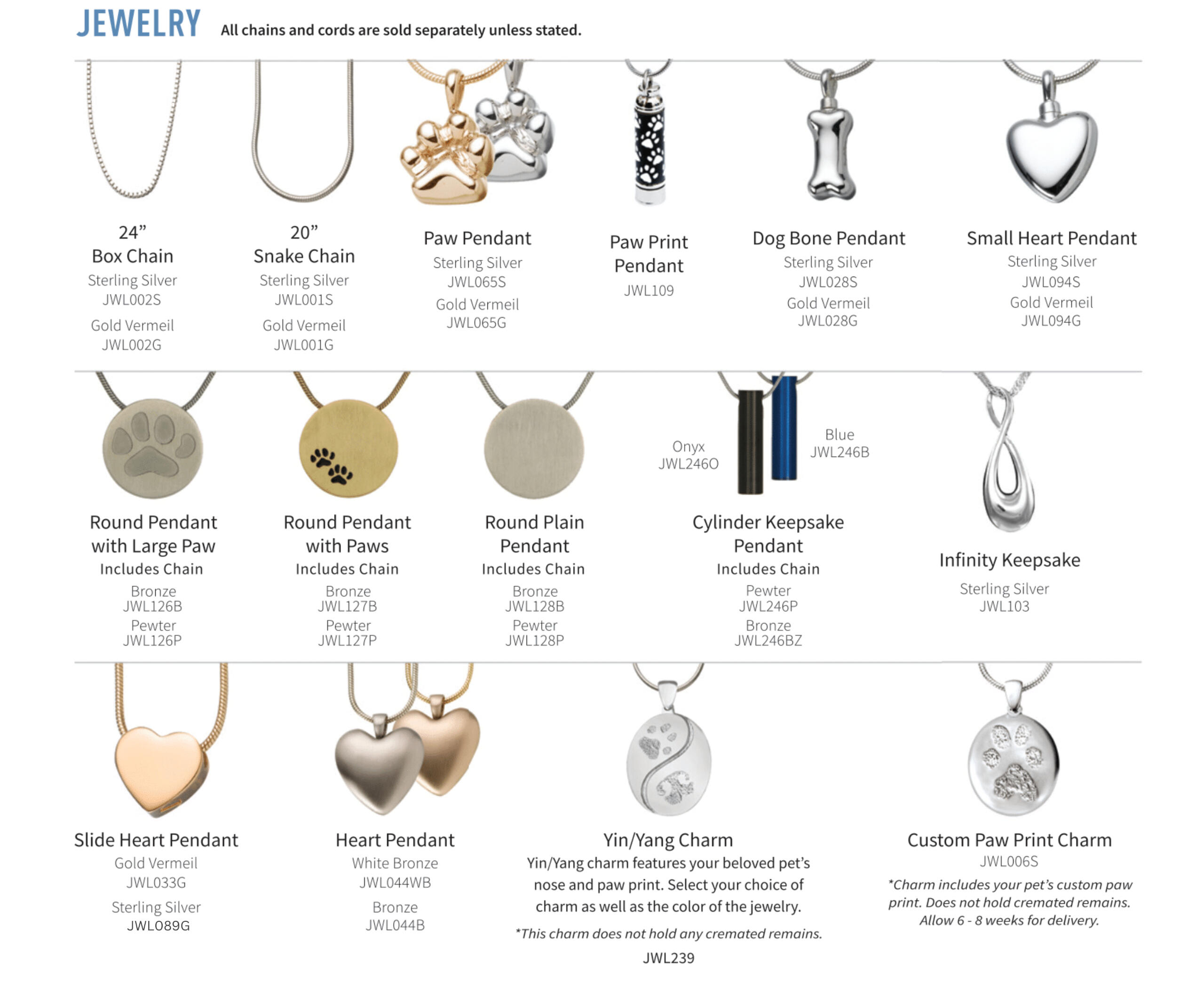 memorial jewelry, pendants and chains - please email for availability and pricing
